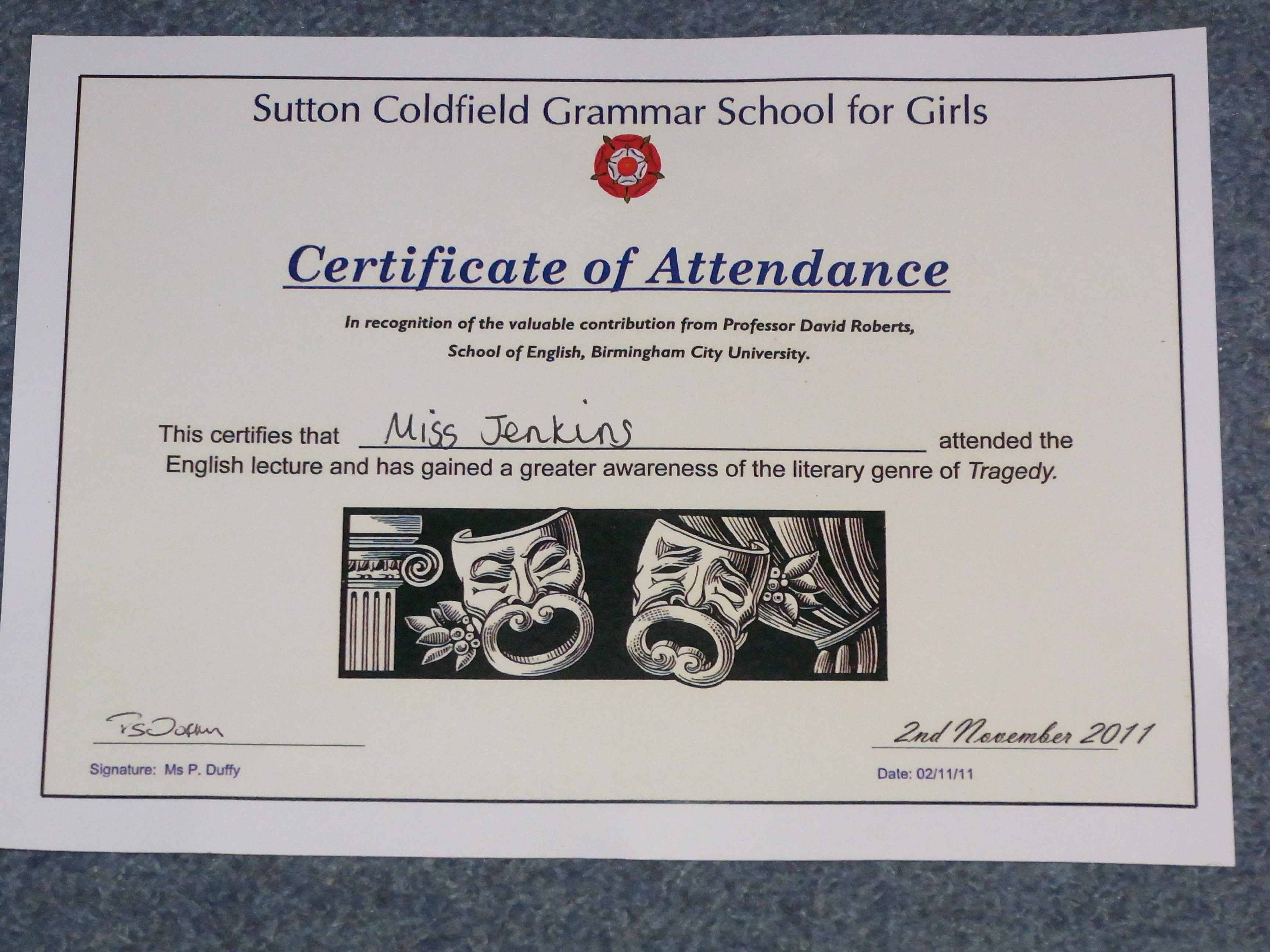 Tragedy Lecture - Attendance Certificate